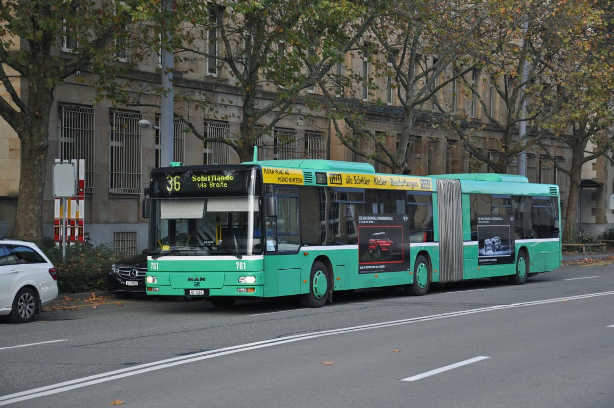 MAN Bus 761 auf der Linie 36 fährt zur Haltestelle am Badischen Bahnhof. Die Aufnahme stammt vom 27.10.2014.