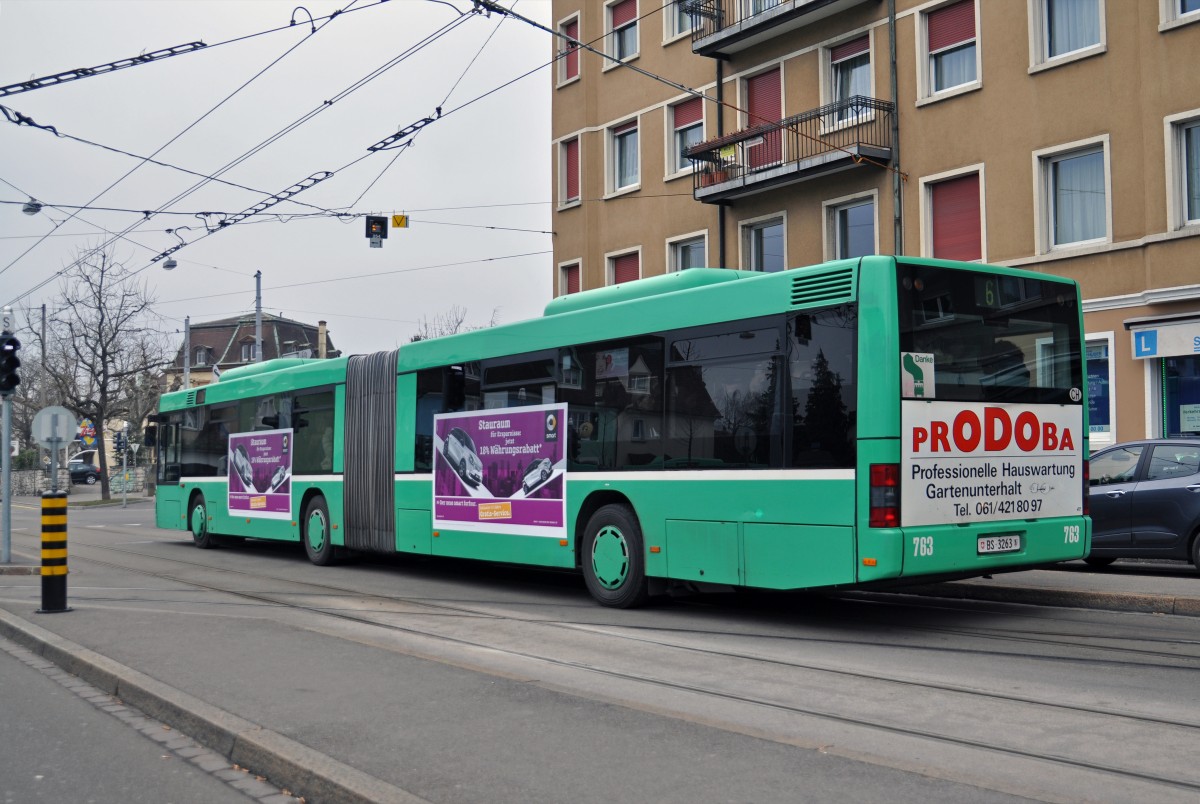 MAN Bus 763 beim Tramersatz für die Linie 6, die wegen der Fasnacht in Allschwil beim Depot Morgartenring wenden musste. Die Aufnahme stammt vom 15.02.2015.