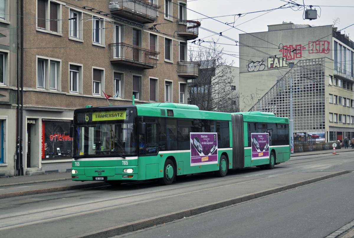 MAN Bus 765 beim Tramersatz für die Linie 6, die wegen der Fasnacht in Allschwil beim Depot Morgartenring wenden musste. Die Aufnahme stammt vom 15.02.2015.