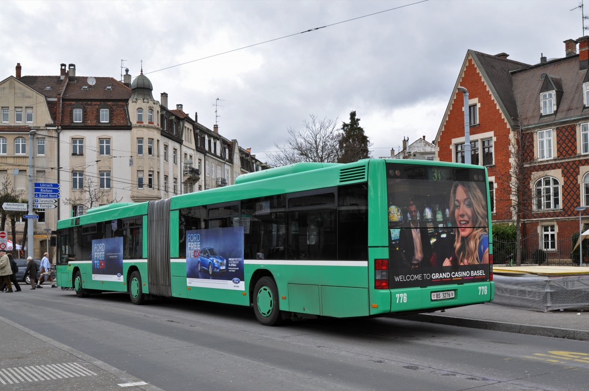 MAN Bus 776 auf der Linie 31, die an der Basler Fasnacht nur bis zum Wettsteinplatz fährt, kurz vor der Endstation am Wettsteinplatz. Die Aufnahme stammt vom 24.02.2015.