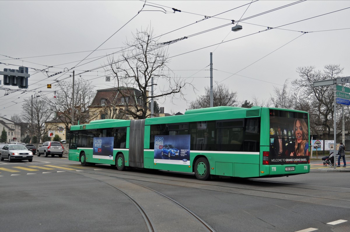 MAN Bus 776 beim Tramersatz für die Linie 6, die wegen der Fasnacht in Allschwil beim Depot Morgartenring wenden musste. Die Aufnahme stammt vom 15.02.2015.