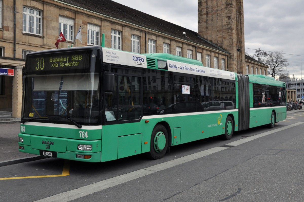 MAN Bus mit der Betriebsnummer 764 auf der Linie 30 am Badischen Bahnhof in Basel. Die Aufnahme stammt vom 22.02.2014.