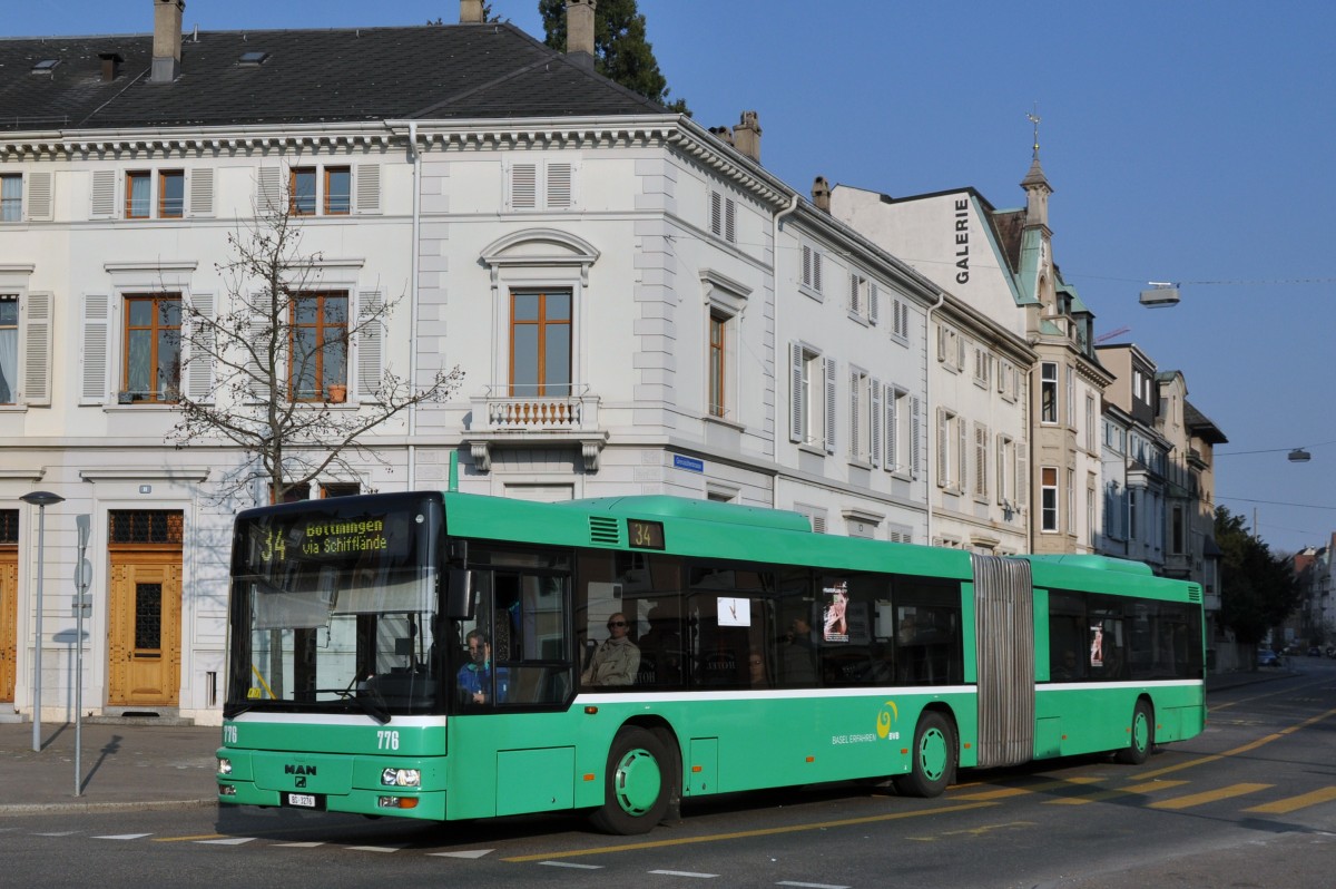 MAN Bus mit der Betriebsnummer 776 auf der Linie 34 am Wettsteinplatz. Die Aufnahme stammt vom 13.03.2014.