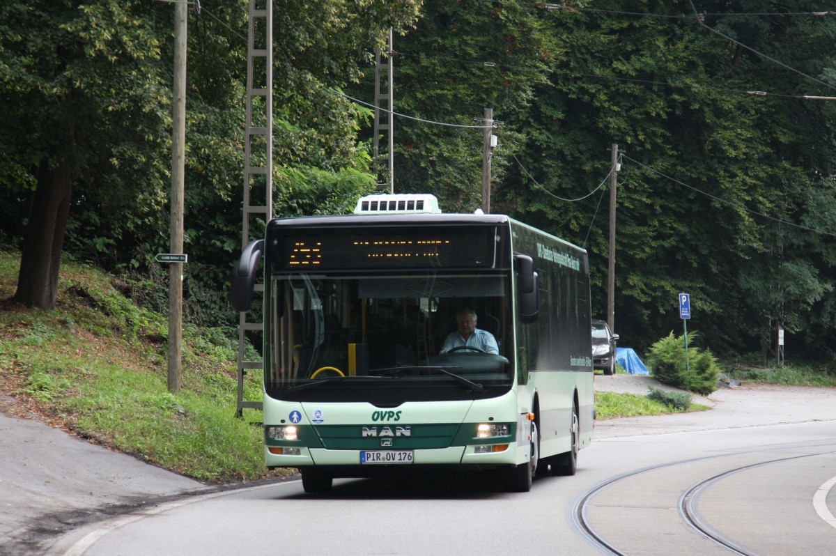 MAN Linienbus der Oberelbische Verkehrsgesellschaft Pirna - Sebnitz mbH kurz OVPS im Kirnitzschatal bei Bad Schanadau am 24.09.2015.