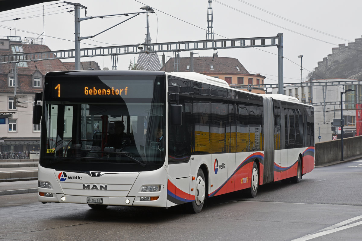 MAN Lions City 173 der RVBW, auf der Linie 1, fährt zur Haltestelle beim Bahnhof Baden. Die Aufnahme stammt vom 02.02.2019.