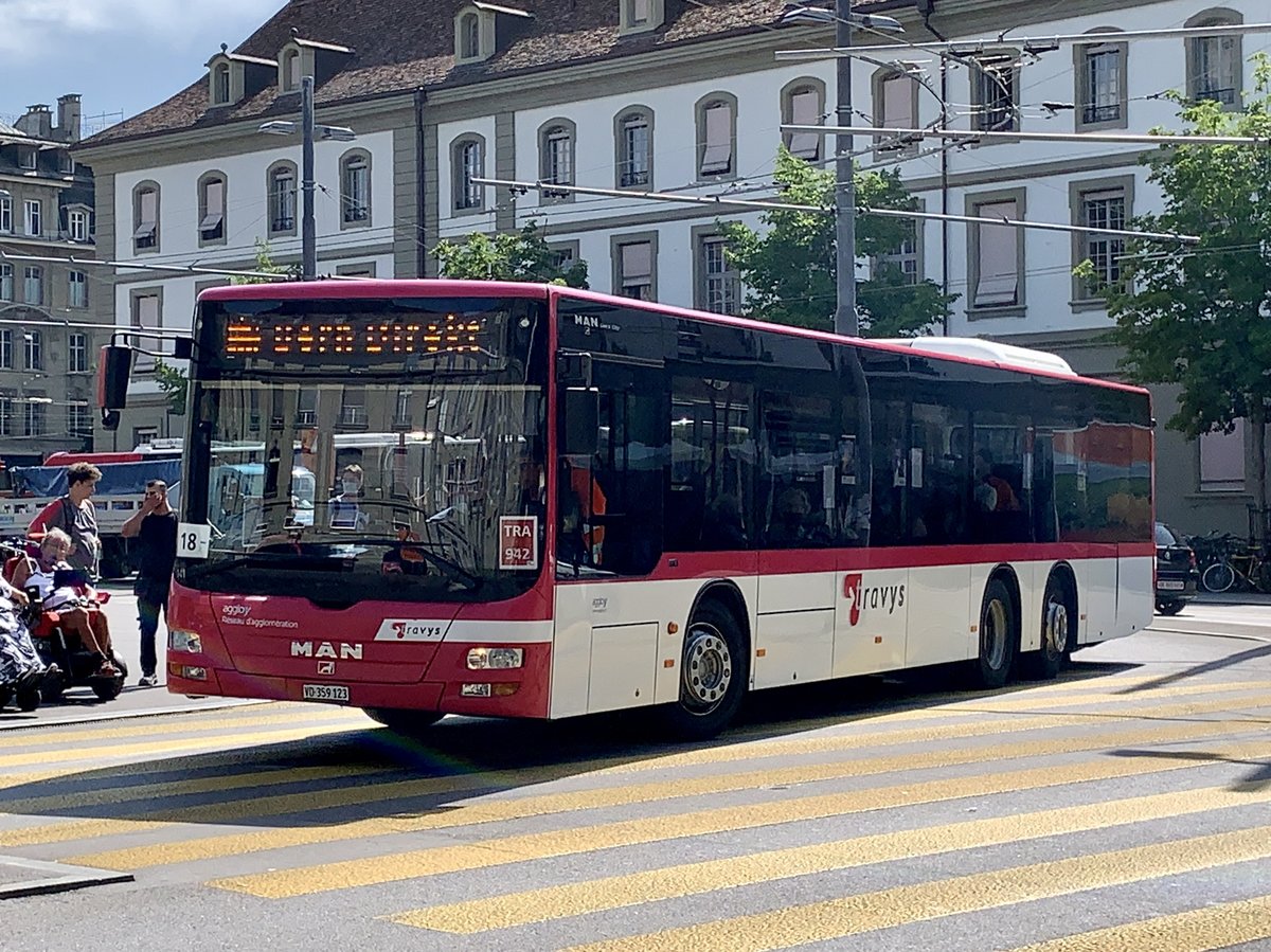 MAN Lions City 3 Achser der Travys am 11.8.20 als Bahnersatz von Fribourg bei der Ankunft in Bern.