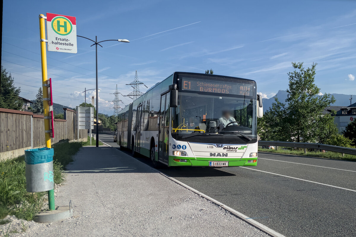 MAN Lion's City von Albus (Bus L 1726, S-833WK) als Schienenersatzverkehr f�r die Salzburger Lokalbahn, Linie E1, in Salzburg-Hagenau. Aufgenommen 18.6.2026.