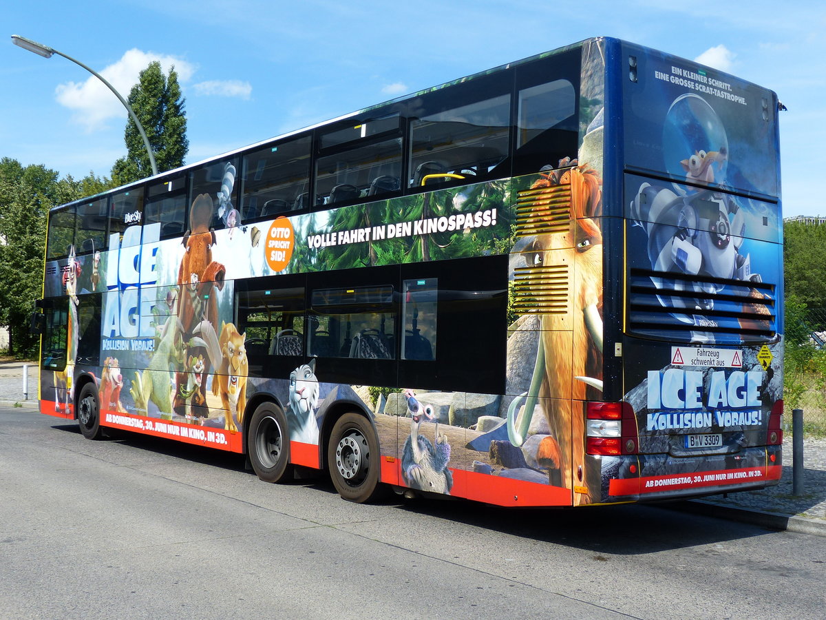 MAN Lion's City DD der BVG, Wagen 3309 hier in der Hertzallee / Berlin im Juli 2016.