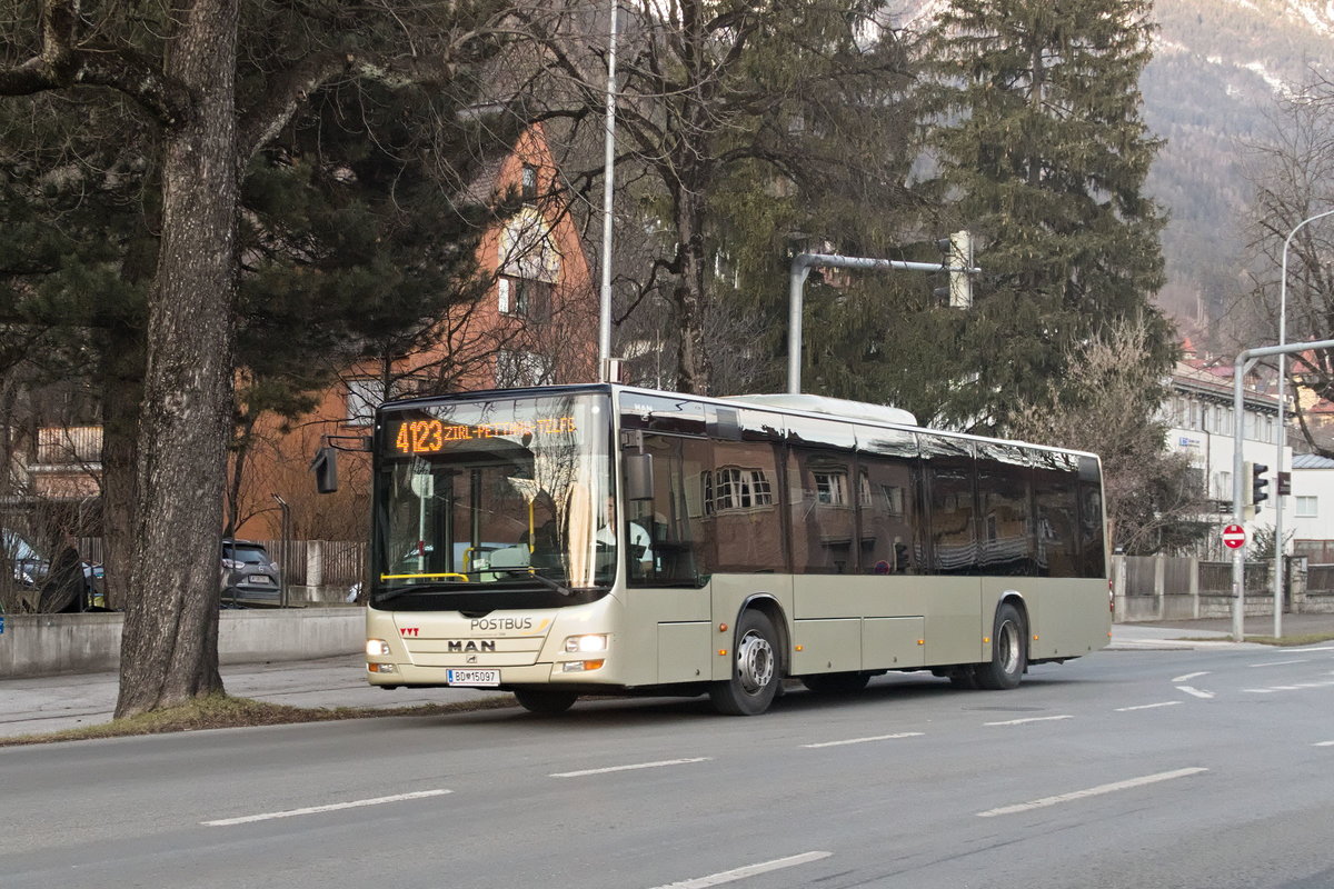 MAN Lion's City von Postbus BD-15097 als Linie 4123 am Rennweg in Innsbruck. Aufgenommen 2.1.2020.