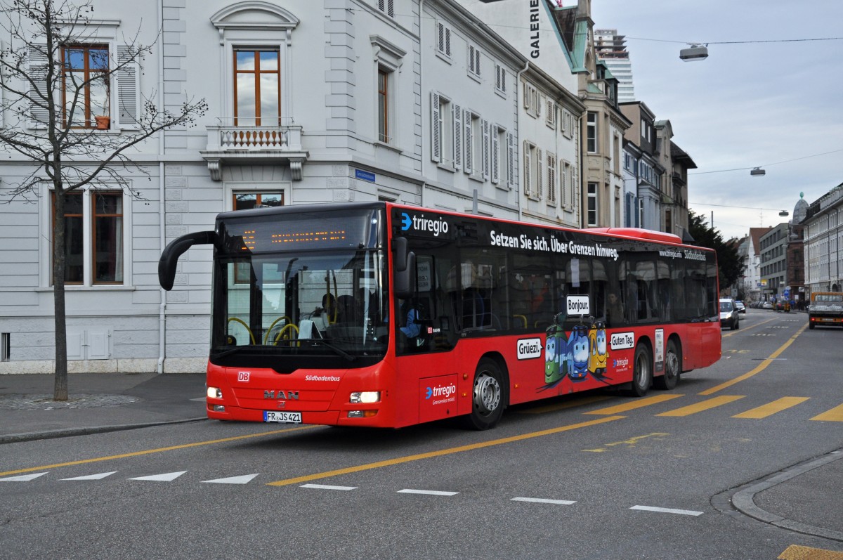 MAN Lions City von Südbaden Bus auf der Linie 38 fährt zur Haltestelle am Wettsteinplatz. Die Aufnahme stammt vom 12.01.2015.