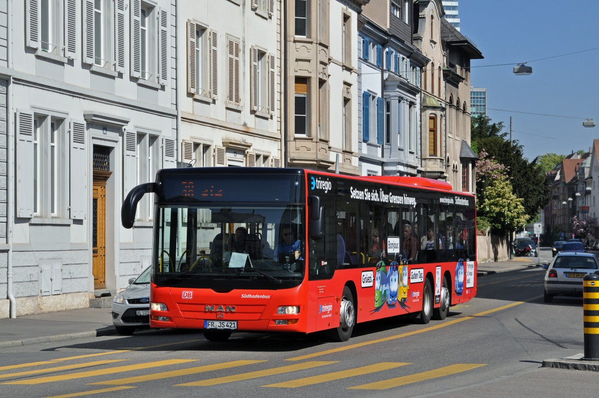 MAN Lions City von SüdbadenBus auf der Linie 38 fährt zur Haltestelle am Wettsteinplatz. Die Aufnahme stammt vom 23.04.2015.