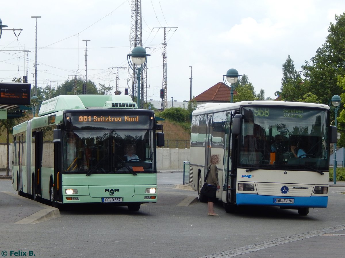 MAN Niederflurbus 2. Generation CNG der Stadtverkehrsgesellschaft mbH Frankfurt Oder und Mercedes Integro vom Busverkehr Märkisch-Oberland in Frankfurt am 09.06.2016