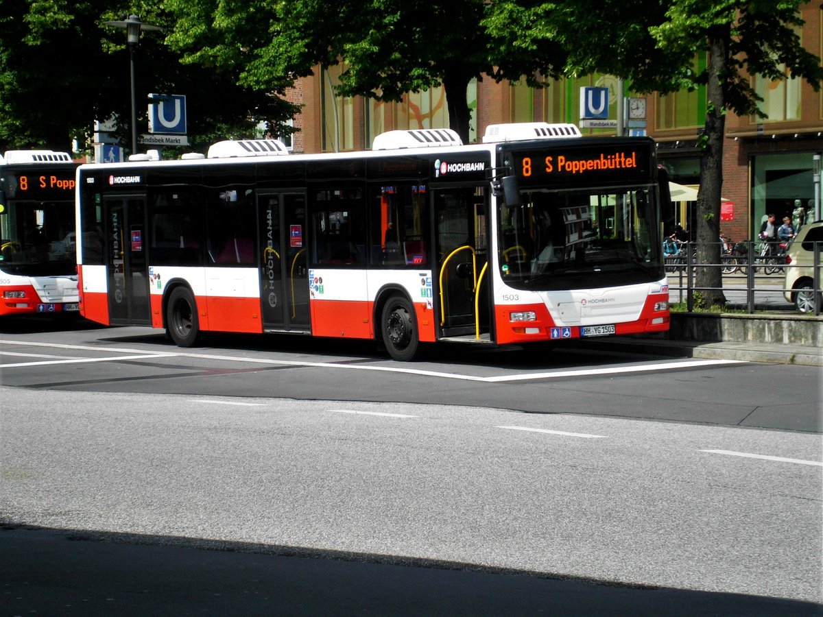 MAN Niederflurbus 3. Generation (Lion's City) auf der Linie 8 nach S-Bahnhof Poppenbüttel am U-Bahnhof Wandsbek Markt.(5.07.2017) 
