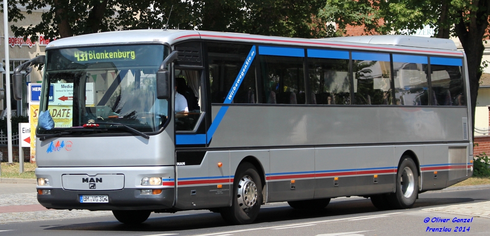 MAN ÜL 313, Wagennummer 304, der Uckermärkischen Verkehrsgesellschaft mbH, 2014 in Prenzlau.