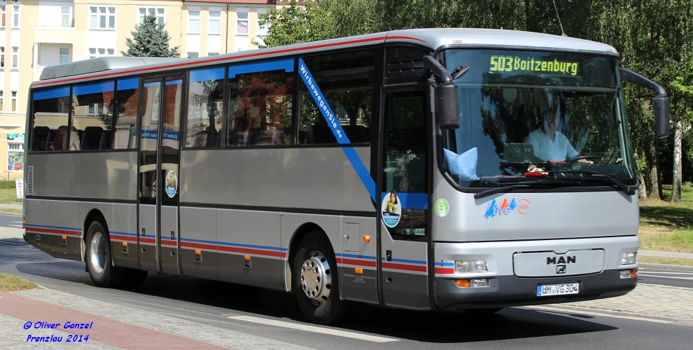 MAN ÜL 313, Wagennummer 304, der Uckermärkischen Verkehrsgesellschaft mbH, 2014 in Prenzlau.