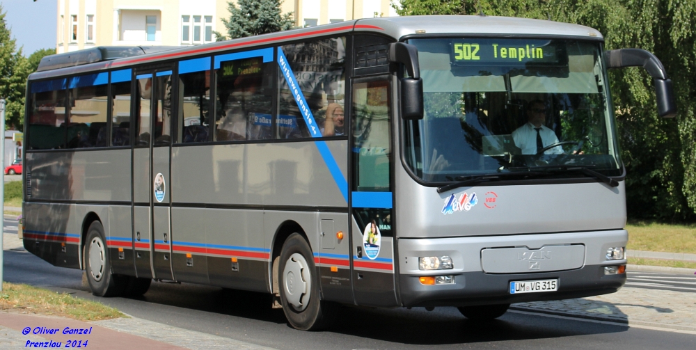 MAN ÜL 313, Wagennummer 315, der Uckermärkischen Verkehrsgesellschaft mbH, 2014 in Prenzlau.