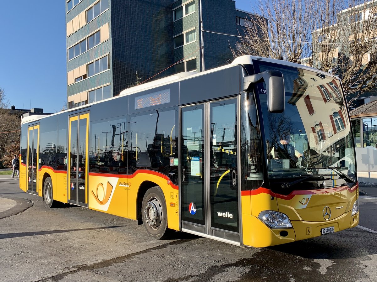 MB C2 '11065'  AG 440 128  von PU Geissmann Bus, Hägglingen am 24.3.21 bei der Ankunft in Wohlen.