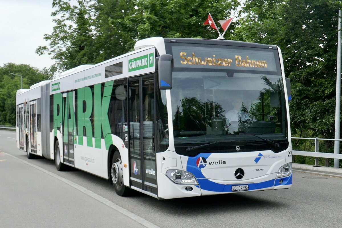 MB C2 G Nr. 222 der BOGG mit Vollwerbung für Gäupark am 22.5.22 unterwegs zun SBB Werk in Olten.