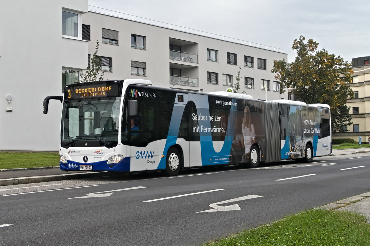 Mercedes-Benz Citaro 2. Generation von sabtours (WE-730GS) als Stadtbus Wels Linie 3 an der Haltestelle Wels Magazinstraße (Süd). Aufgenommen 13.9.2022.