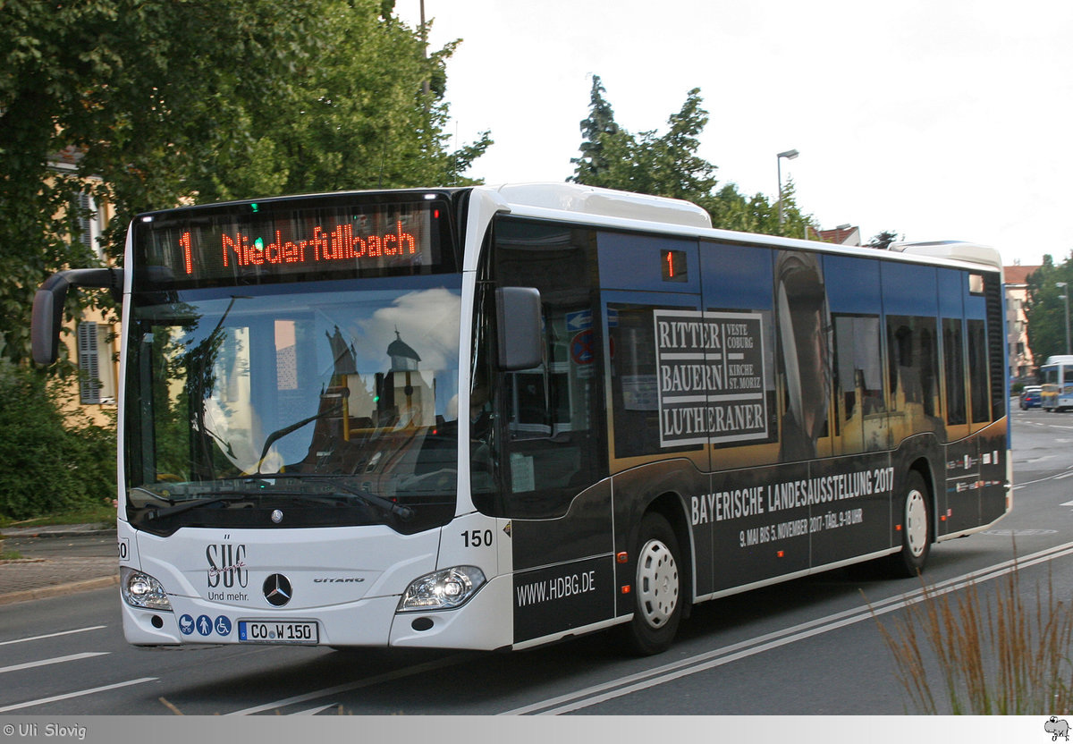 Mercedes Benz Citaro  Städtische Werke Überland Werke Coburg (SÜC) Bus und Aquaria GmbH  mit Vollwerbung für die Bayerische Landesausstellung 2017  Ritter Bauern Lutheraner  in der Moritzkirche und auf der Veste Coburg. Aufgenommen am 15. Juli 2017.