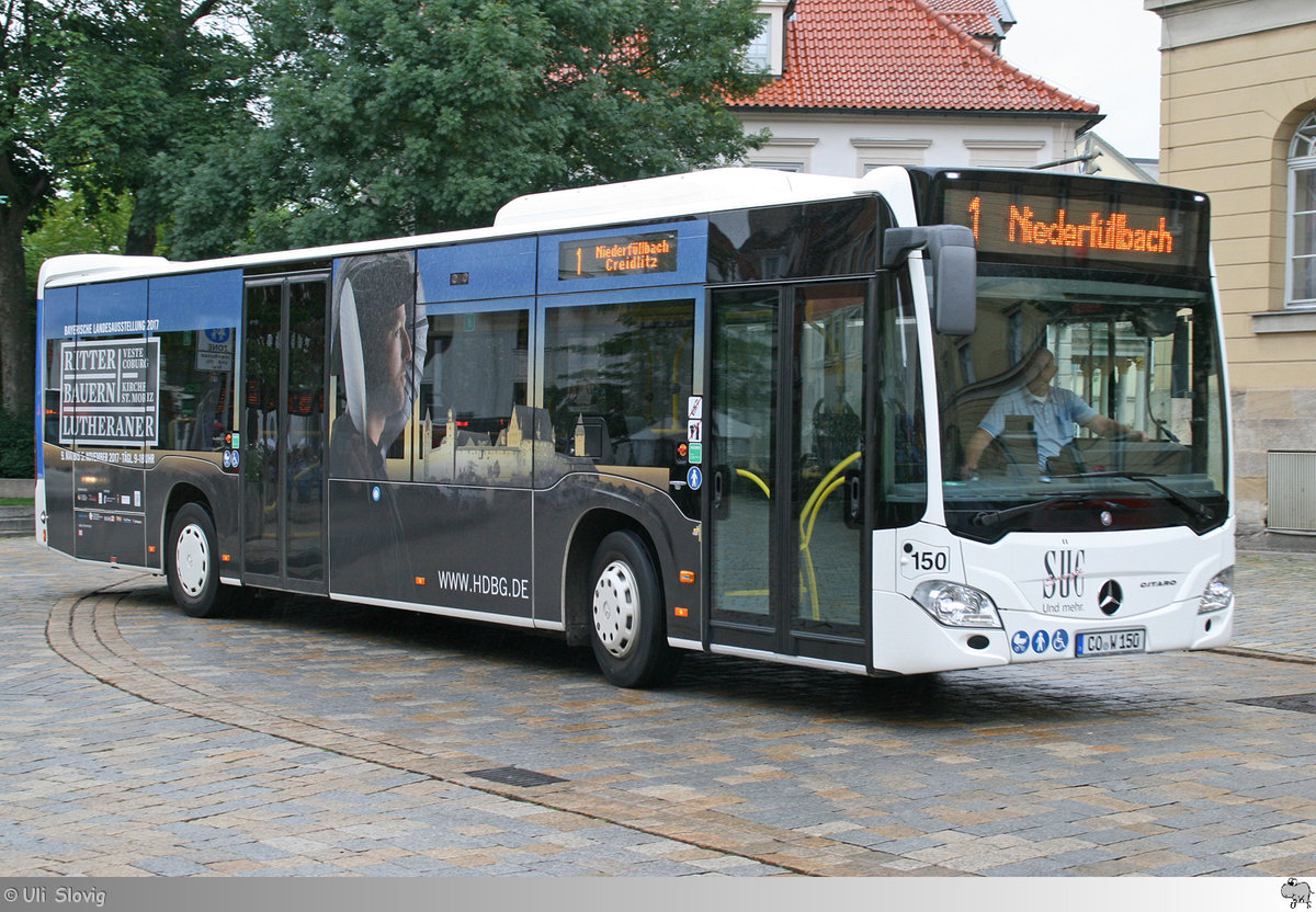 Mercedes Benz Citaro  Städtische Werke Überland Werke Coburg (SÜC) Bus und Aquaria GmbH  mit Vollwerbung für die Bayerische Landesausstellung 2017  Ritter Bauern Lutheraner  in der Moritzkirche und auf der Veste Coburg. Aufgenommen am 22. Juli 2017.