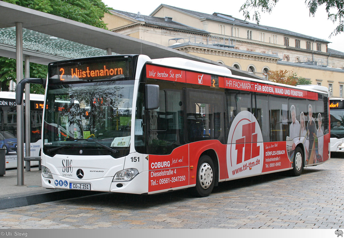 Mercedes Benz Citaro  Städtische Werke Überland Werke Coburg (SÜC) Bus und Aquaria GmbH  mit Vollwerbung für TTL. Aufgenommen am 22. Juli 2017.