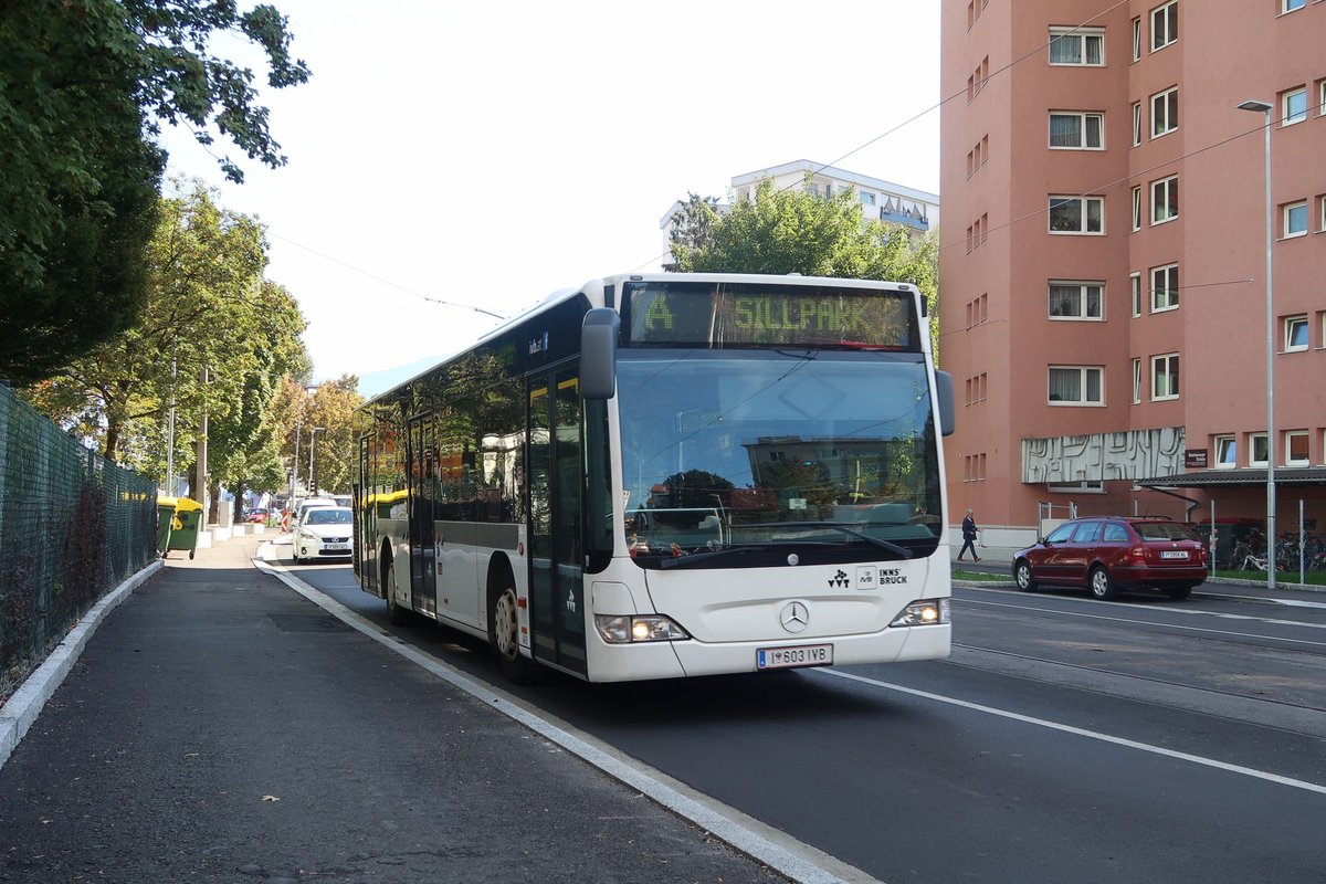 Mercedes-Benz O 530 II (Citaro Facelift) der Innsbrucker Verkehrsbetriebe, Bus Nr. 603, ist als Linie A wegen der Rad-WM über die Reichenauer Straße umgeleitet. Aufgenommen 26.9.2018.