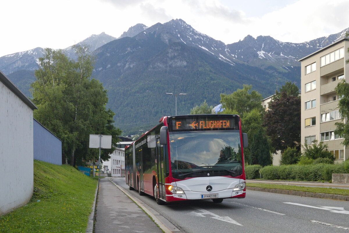 Mercedes-Benz O 530 III (Citaro 2. Generation) der Innsbrucker Verkehrsbetriebe (Bus Nr. 442) ist als Linie F über die südliche Bachlechnerstraße umgeleitet. Aufgenommen 10.6.2021.