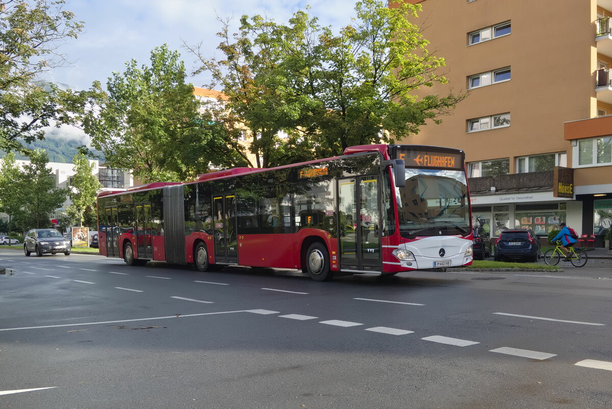 Mercedes-Benz O 530 III (Citaro 2. Generation) der Innsbrucker Verkehrsbetriebe (Bus Nr. 443) ist als Linie F über die Andechsstraße umgeleitet. Aufgenommen 14.7.2021.