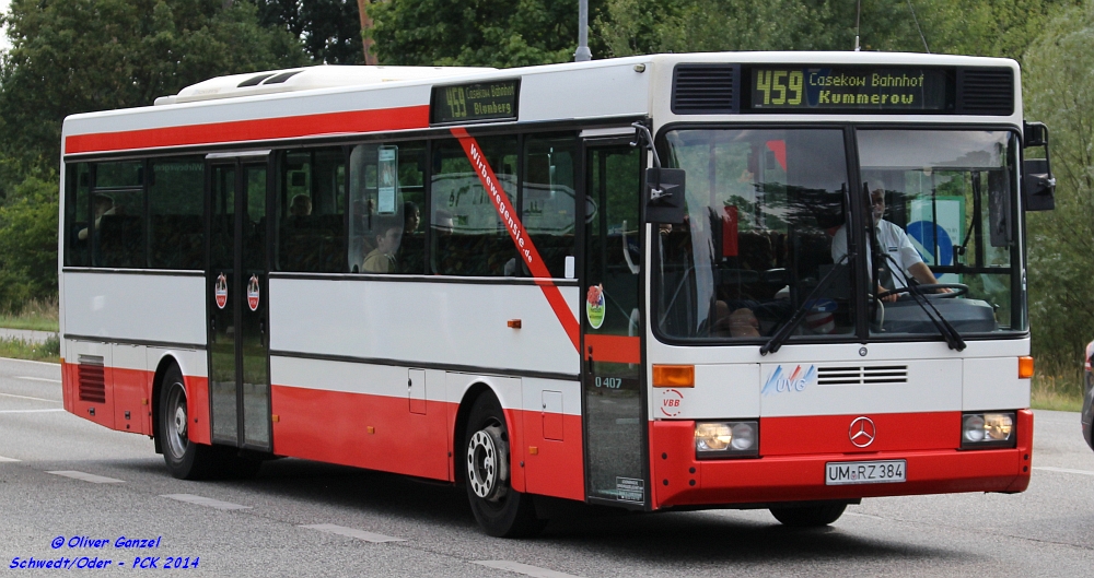 Mercedes-Benz O407, Wagennummer 384, der Uckermärkischen Verkehrsgesellschaft mbH, 2014 beim PCK in Schwedt/Oder.