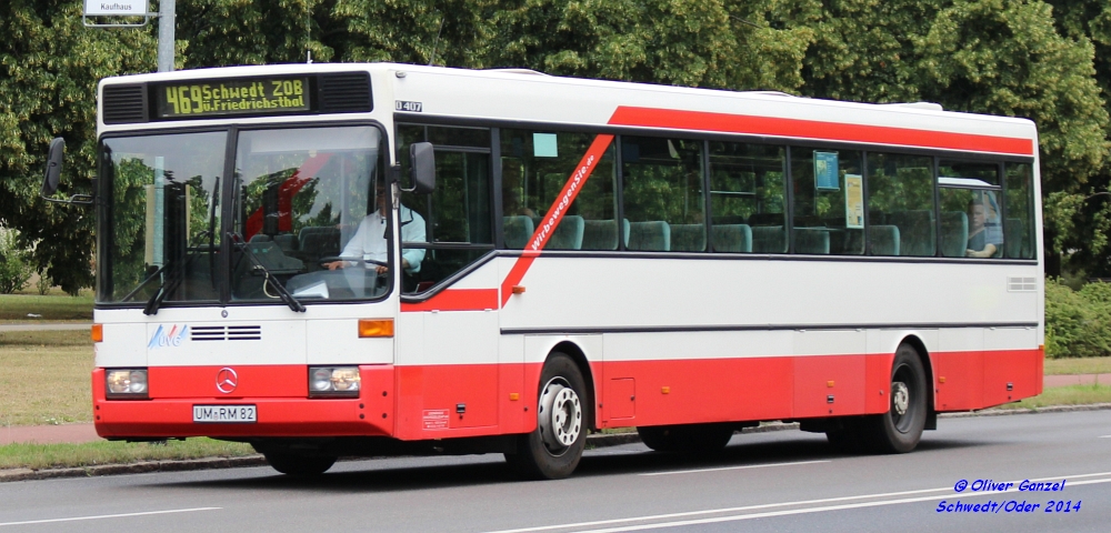 Mercedes-Benz O407, Wagennummer 82, der Uckermärkischen Verkehrsgesellschaft mbH, 2014 in Schwedt/Oder.