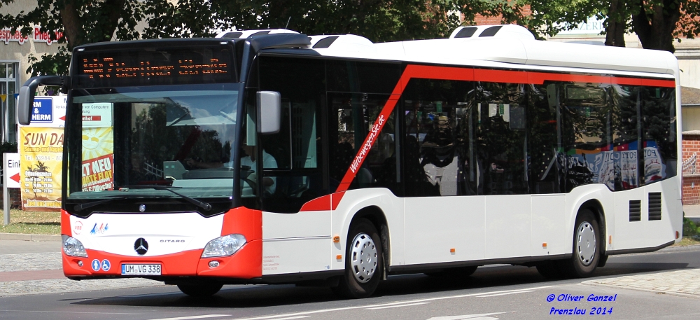 Mercedes-Benz O530 C2 Citaro LE-Ü, Wagennummer 338, der Uckermärkischen Verkehrsgesellschaft mbH, 2014 in Prenzlau.