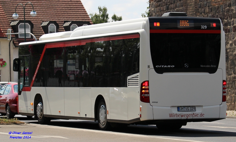 Mercedes-Benz O530 Citaro LE-Ü, Wagennummer 329, der Uckermärkischen Verkehrsgesellschaft mbH, 2014 in Prenzlau.