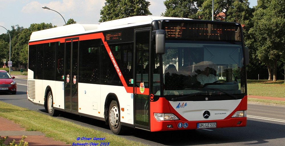 Mercedes-Benz O530 Citaro LE-Ü, Wagennummer 515, der Uckermärkischen Verkehrsgesellschaft mbH, 2015 auf der Linie 468 in Schwedt/Oder.