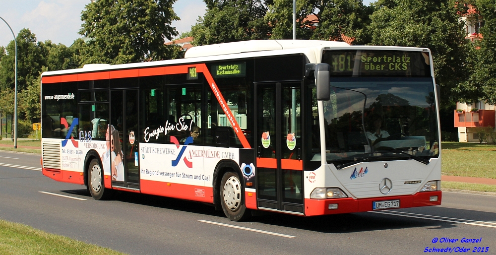 Mercedes-Benz O530 Citaro, Wagennummer 717, der Uckermärkischen Verkehrsgesellschaft mbH, 2015 auf der Linie 481 in Schwedt/Oder.