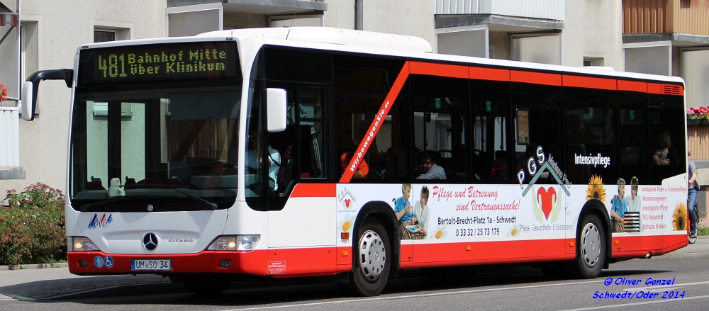 Mercedes-Benz O530 II Citaro, Wagennummer 34, der Uckermärkischen Verkehrsgesellschaft mbH, 2014 in Schwedt/Oder.