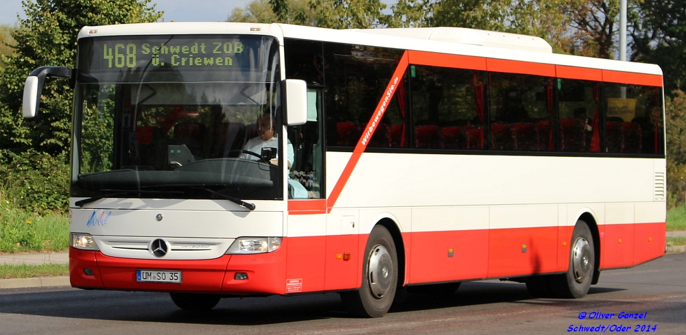 Mercedes-Benz O550 II Integro, Wagennummer 35, der Uckermärkischen Verkehrsgesellschaft mbH, 2014 in Schwedt/Oder.