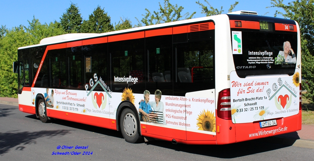 Mercedes-Benz O5530 II Citaro, Wagennummer 34, der Uckermärkischen Verkehrsgesellschaft mbH, 2014 am ZOB in Schwedt/Oder.