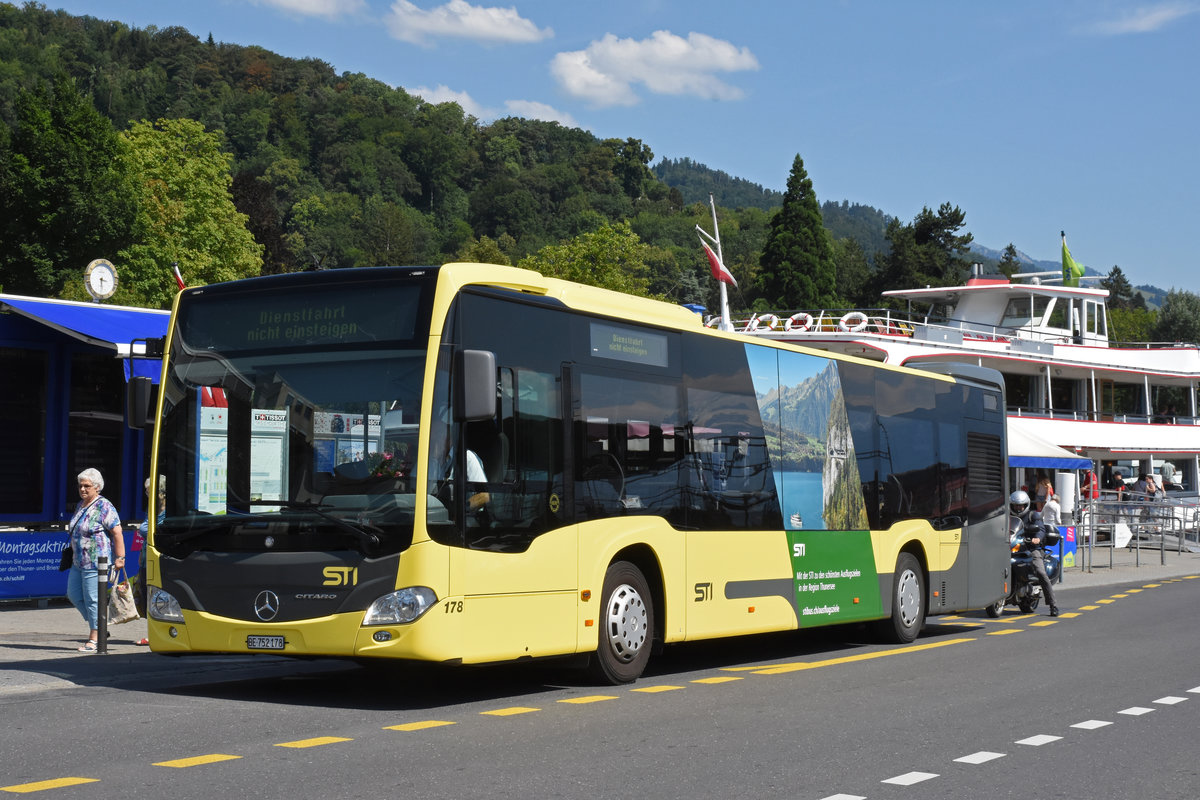 Mercedes Citaro 178, verlässt als Dienstfahrt den Bahnhofplatz in Thun. Die Aufnahme stammt vom 30.07.2018.