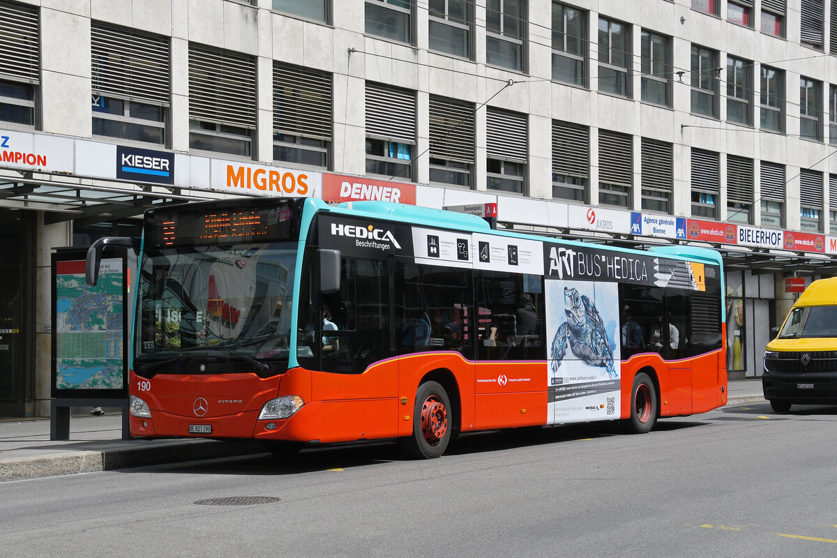 Mercedes Citaro 190, auf der Linie 8, bedient am 08.06.2026 die Haltestelle beim Guisanplatz. Aufnahme Biel.