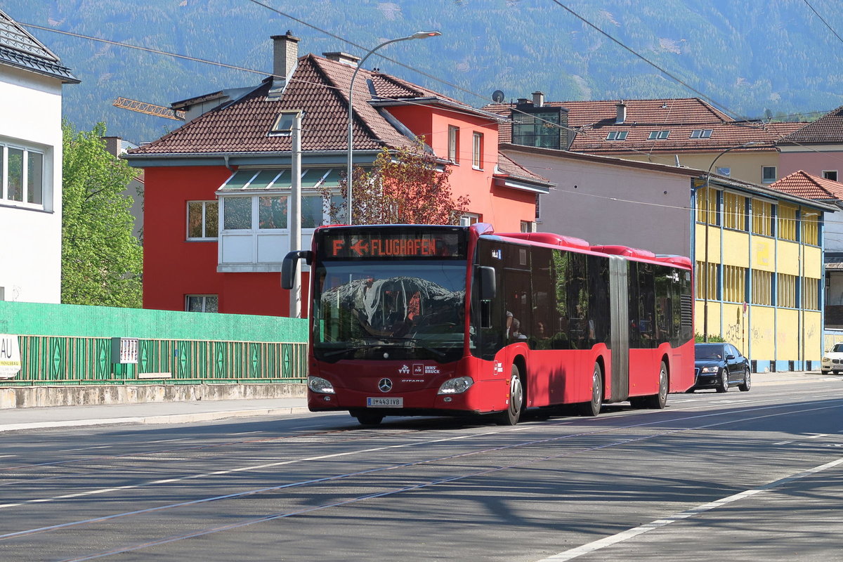 Mercedes Citaro 2. Generation Bus Nr. 443 der Innsbrucker Verkehrsbetriebe als Linie F in der Pembaurstraße. Aufgenommen 21.4.2018.