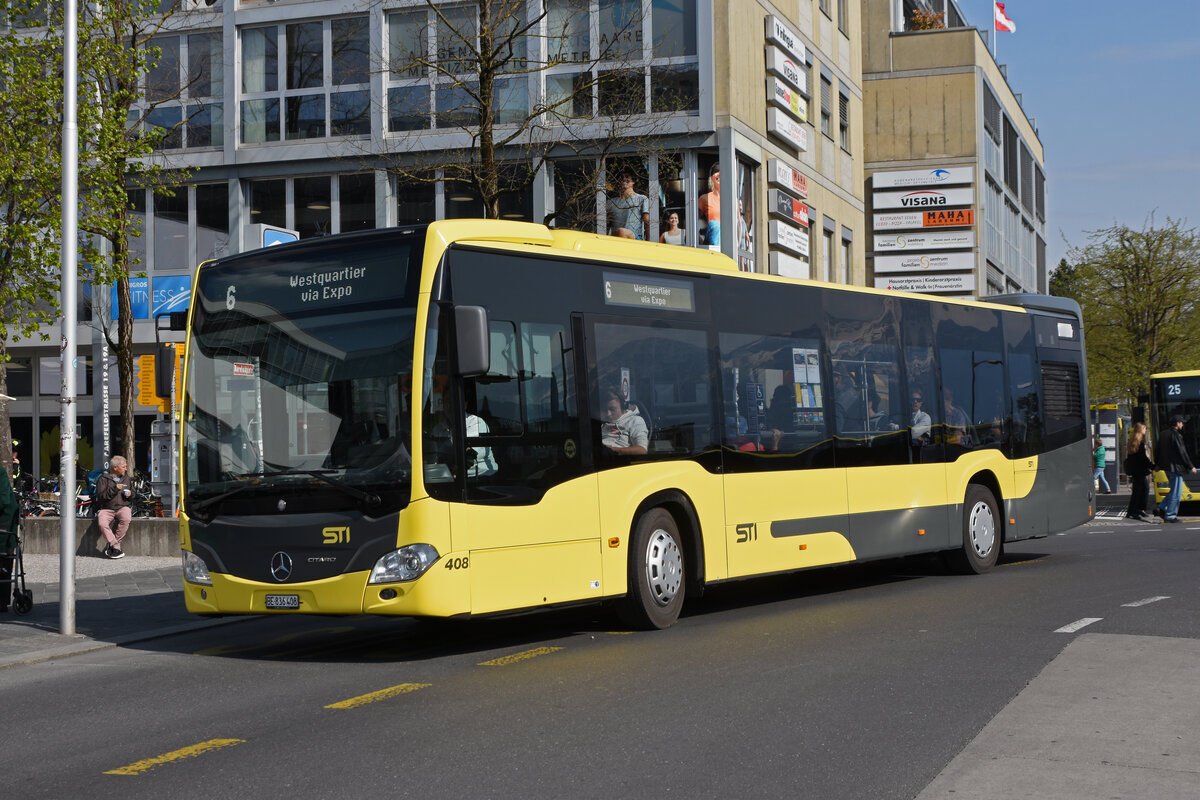 Mercedes Citaro 408, auf der Linie 6, verlässt am 21.04.2022.2022 die Haltestelle beim Bahnhof Thun.