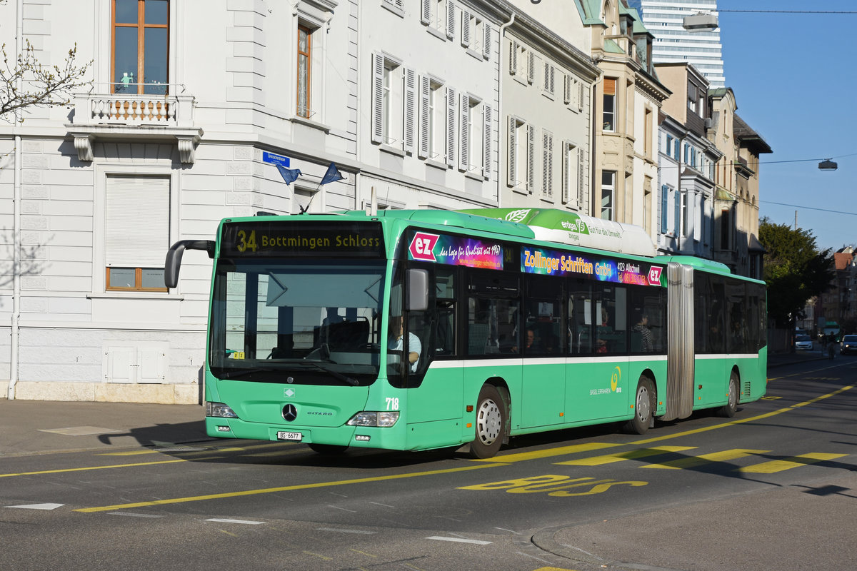 Mercedes Citaro 718, auf der Linie 34, fährt zur Haltestelle Wettsteinplatz. Die Aufnahme stammt vom 23.03.2019.