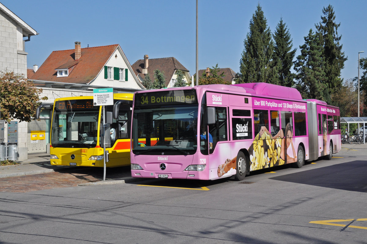 Mercedes Citaro 720 mit der Stücki Werbung, auf der Linie 34, und der Mercedes Citaro 74, auf der Linie 60, warten an der Endstation in Bottmingen. Die Aufnahme stammt vom 29.09.2011.