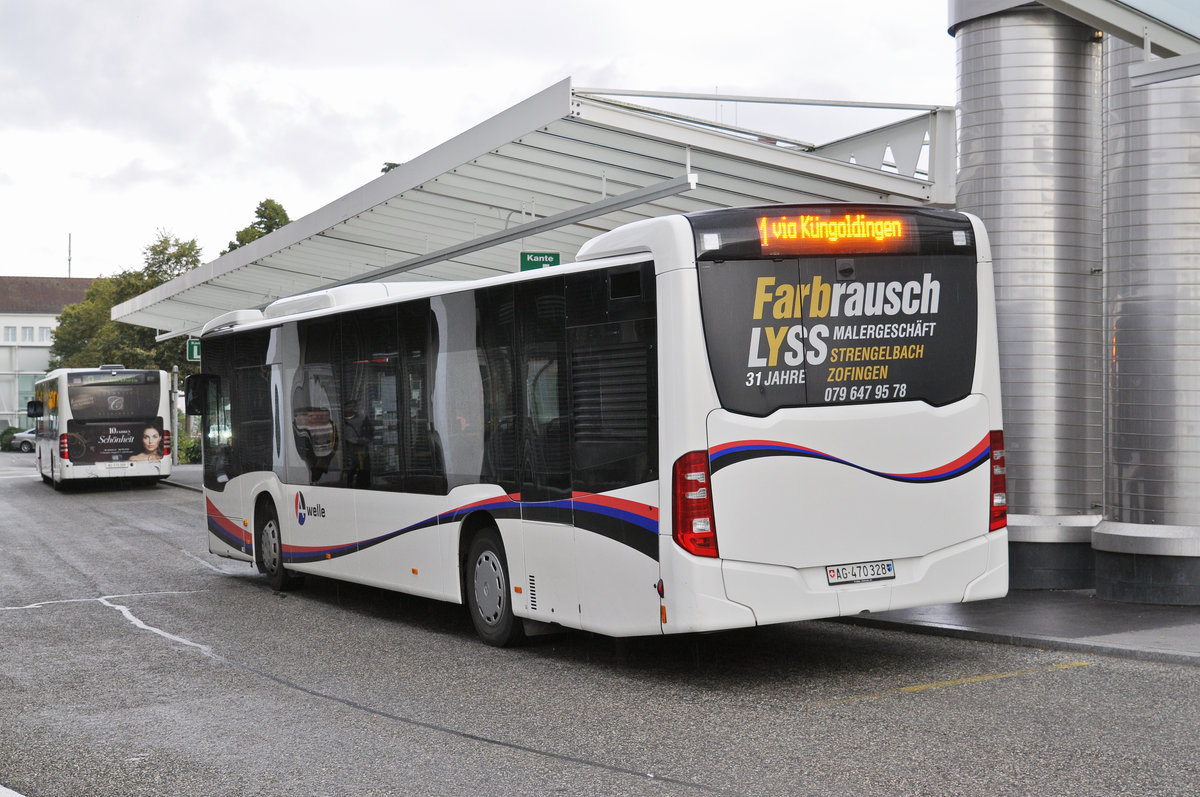 Mercedes Citaro AG 470 328, auf der Linie 1, wartet beim Bahnhof Zofingen. Die Aufnahme stammt vom 10.08.2016.