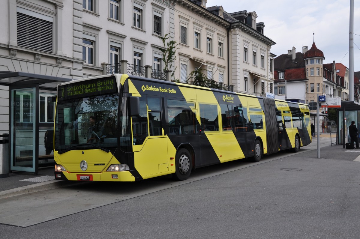 Mercedes Citaro mit der Betriebsnummer 46 und der Baloise Bank Soba Werbung auf der Linie 7 am Bahnhof Solothurn. Die Aufnahme stammt vom 08.11.2012.