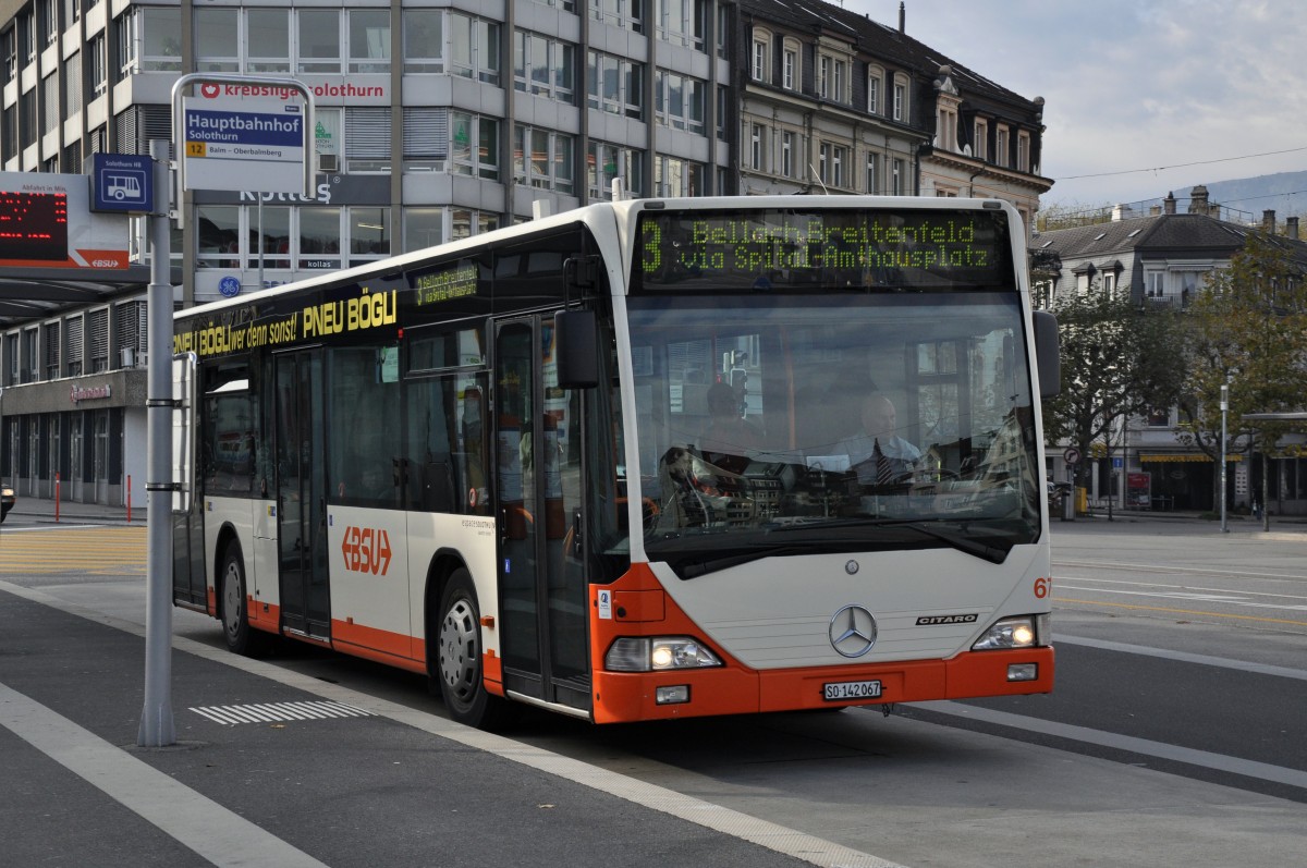 Mercedes Citaro mit der Betriebsnummer 67 auf der Linie 3 beim Bahnhof Solothurn. Die Aufnahme stammt vom 08.11.2012.