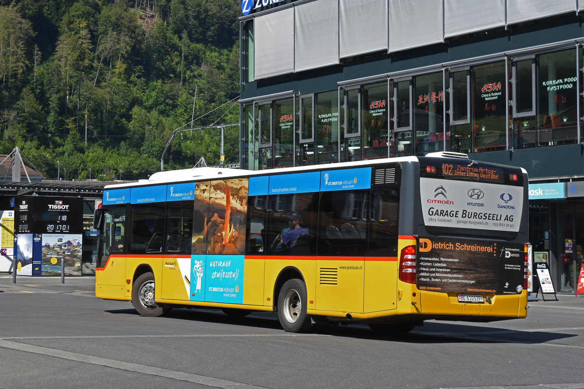Mercedes Citaro der Post, auf der Linie 102, fährt bei der Haltestelle Interlaken Ost ein. Die Aufnahme stammt vom 07.08.2020.