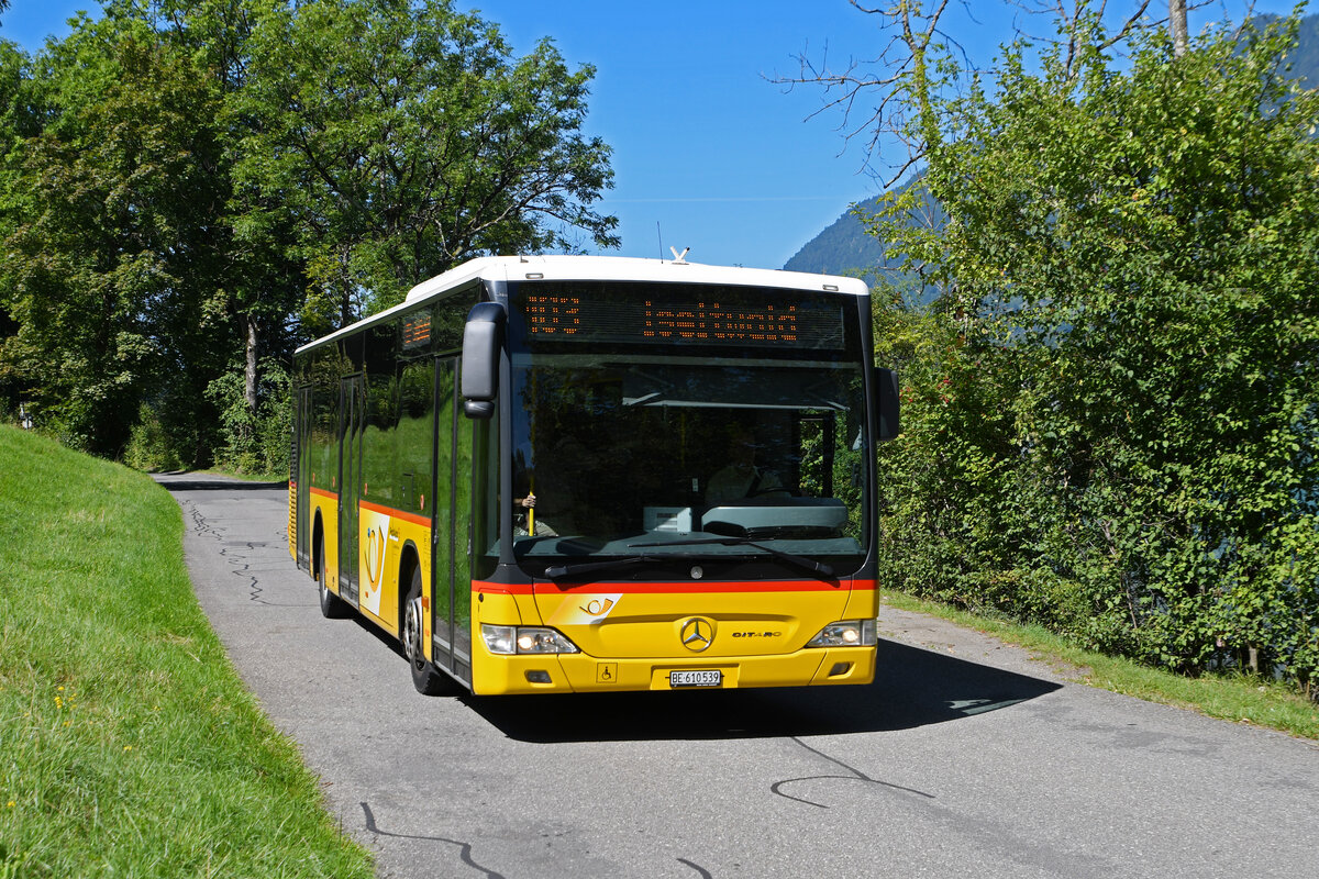 Mercedes Citaro der Post, auf der Linie 103, fährt am 11.08.2023 Richtung Iseltwald.