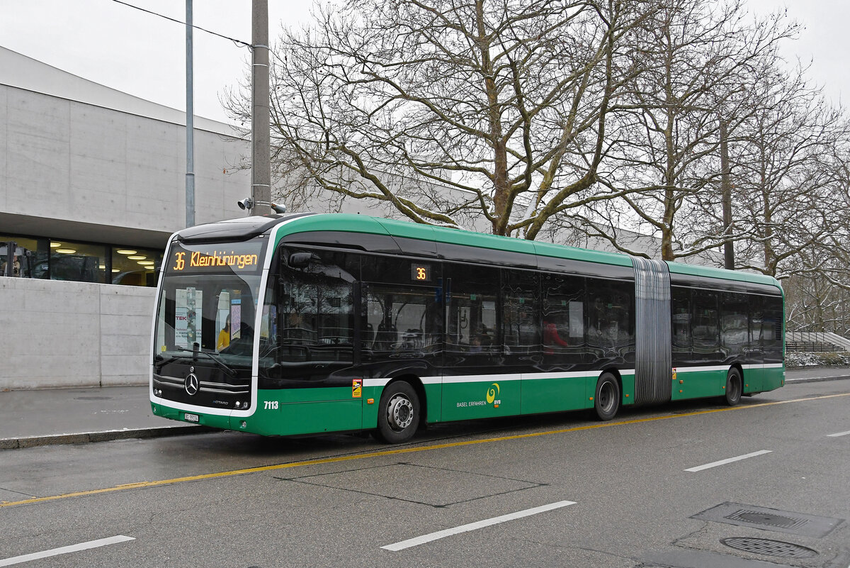 Mercedes eCitaro 7113, auf der Linie 36, fährt am 08.01.2024 bei der Haltestelle St. Jakob ein.